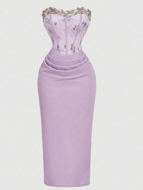 Elegant Lilac Floral Corset Midi Dress